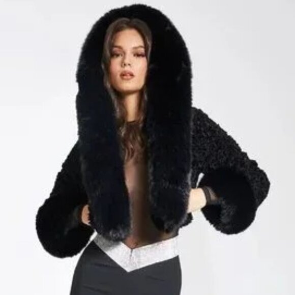 Miss Circle Jackets & Blazers - 💋CHIC & SEXY💋Lux Black Vegan Shearling Lamb & Fox Fur Hoodded Crop Jacket